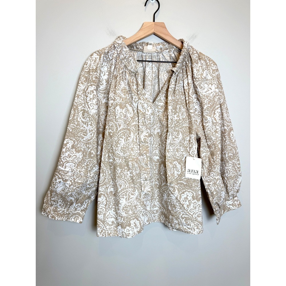 NWT A.N.A. 100% Cotton Paisley Tan White Tie Neck Long Sleeve Top L Peasant Boho
